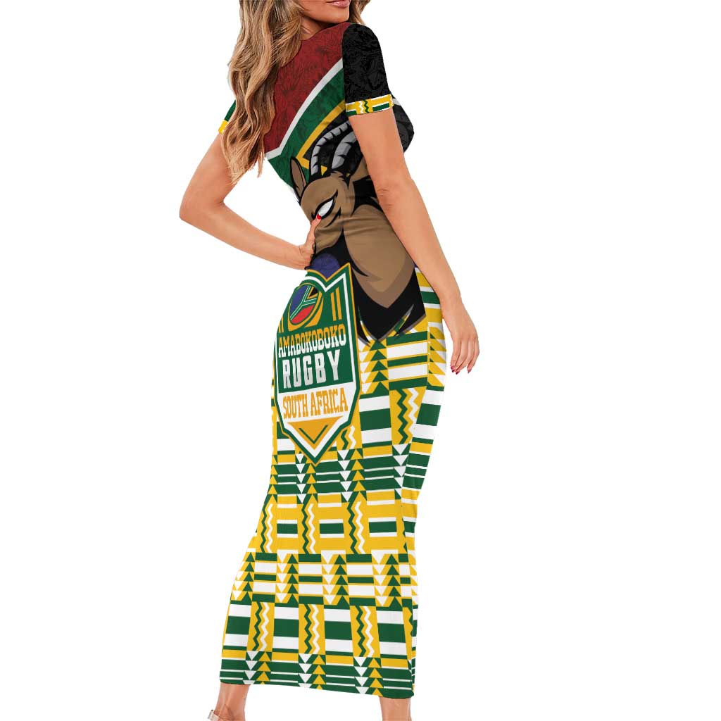 South Africa Rugby Short Sleeve Bodycon Dress Go Bokke-Amabokoboko Spirit - Wonder Print Shop