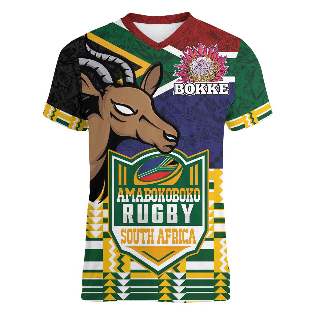 South Africa Rugby Women V-Neck T-Shirt Go Bokke-Amabokoboko Spirit - Wonder Print Shop