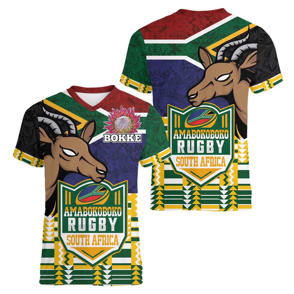 South Africa Rugby Women V-Neck T-Shirt Go Bokke-Amabokoboko Spirit - Wonder Print Shop