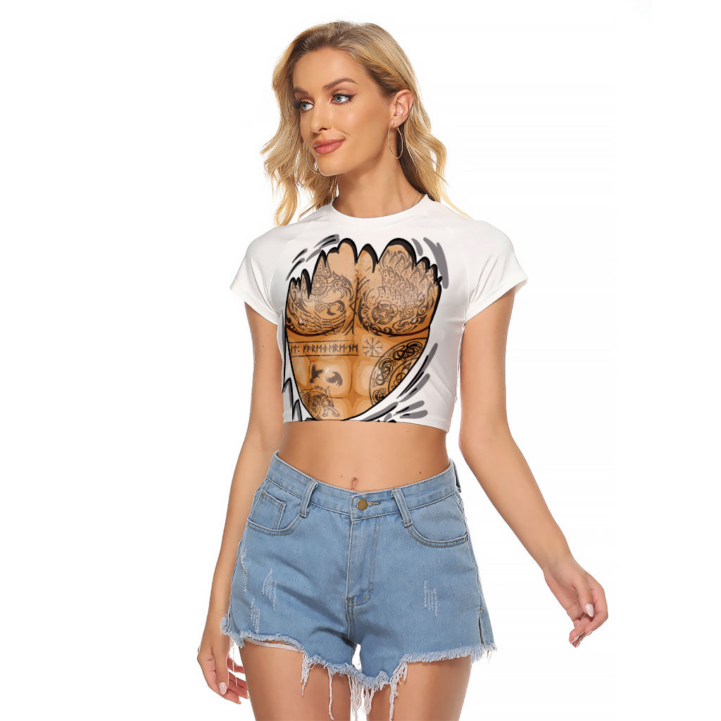 Viking Art Raglan Cropped T Shirt Tattoo Reveal Effect