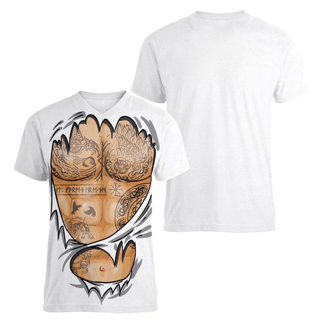 Viking Art Women V-Neck T-Shirt Tattoo Reveal Effect