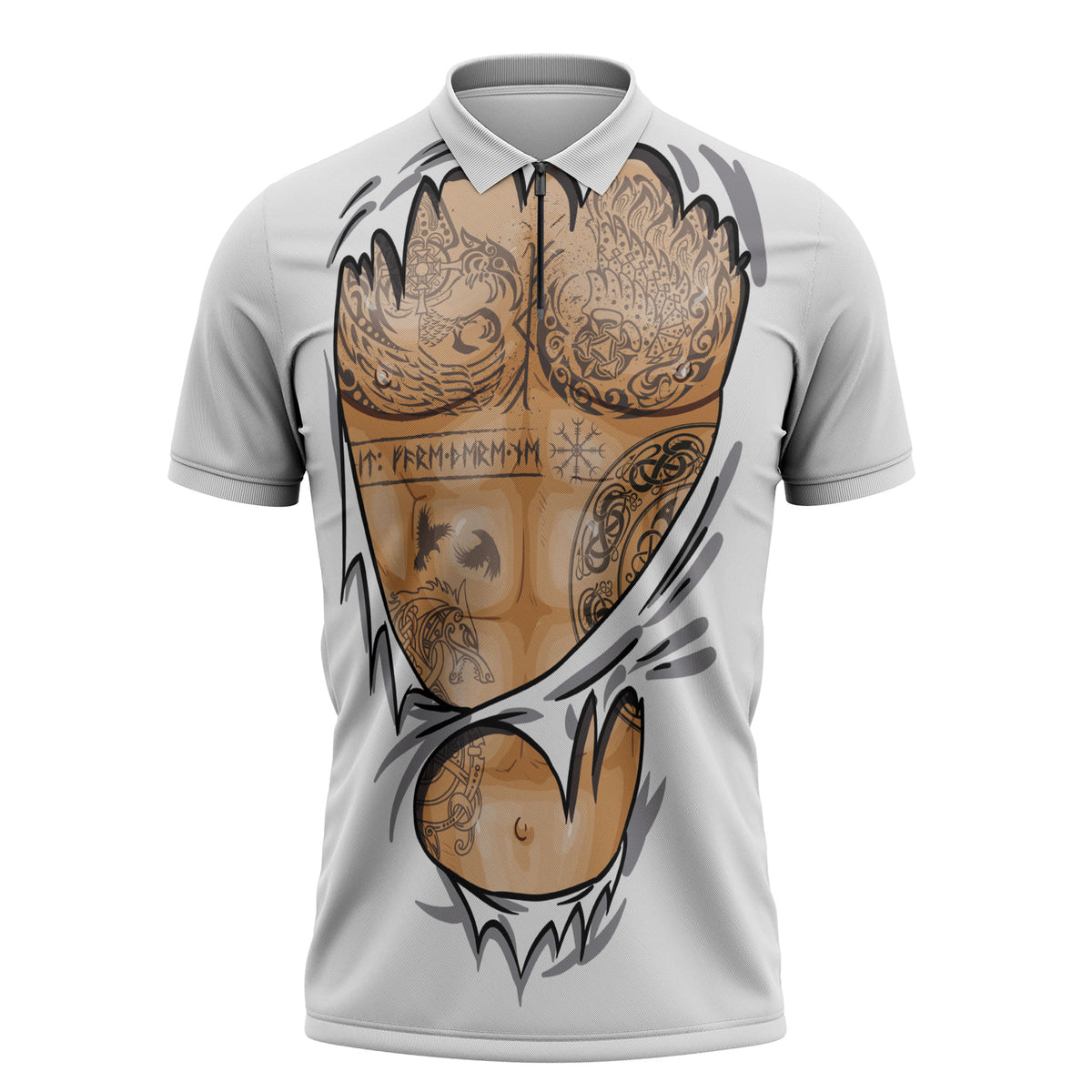 Viking Art Zipper Polo Shirt Tattoo Reveal Effect