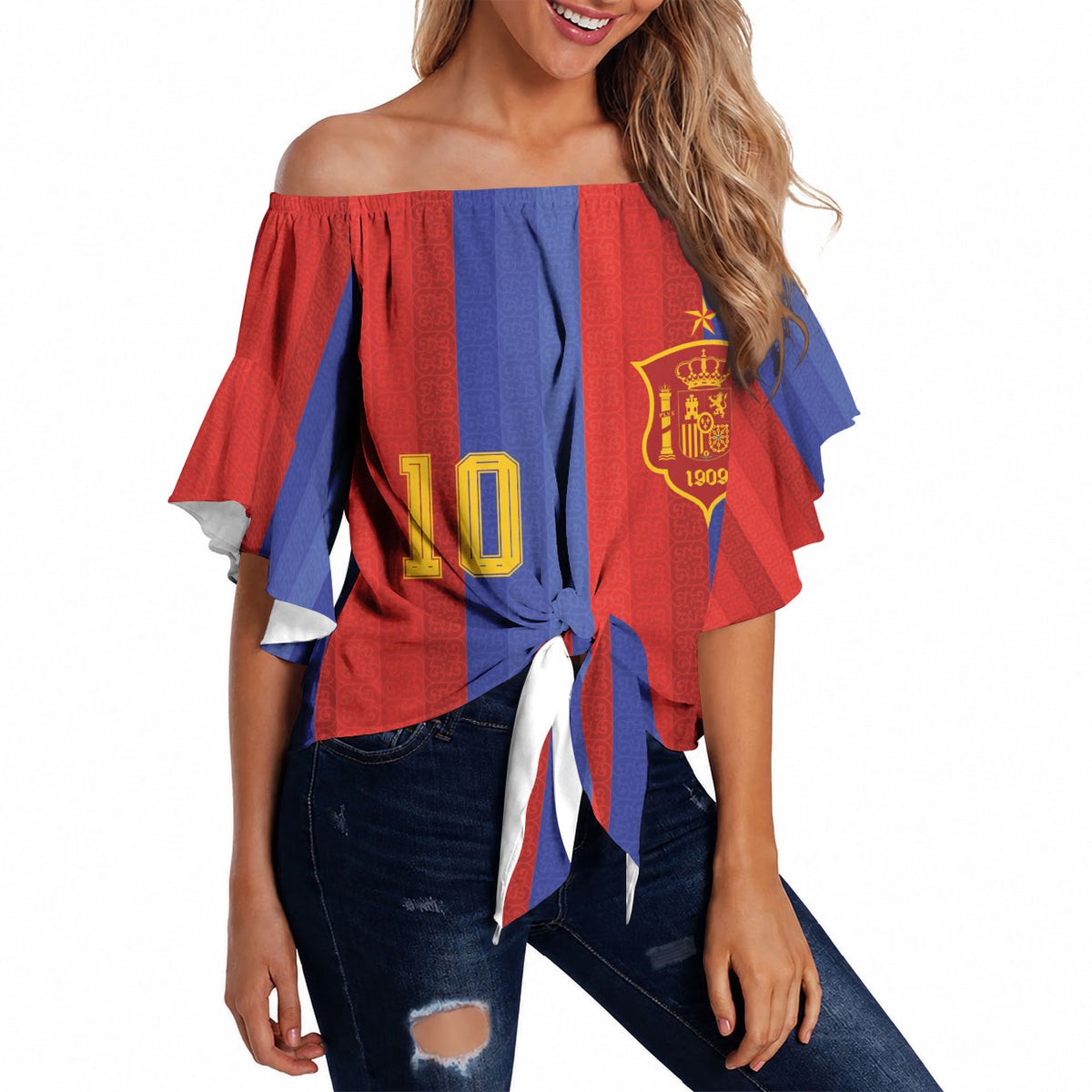 Spain 2026 Football Custom Off Shoulder Wrap Waist Top La Roja x Blaugrana