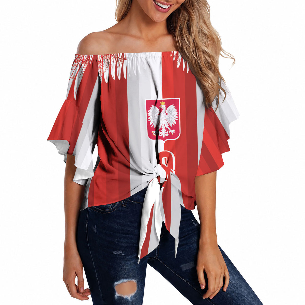 Poland Football Custom Off Shoulder Wrap Waist Top The White-Reds Winged Sport Style
