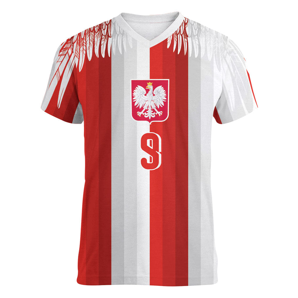 Poland Football Custom Women V-Neck T-Shirt The White-Reds Winged Sport Style