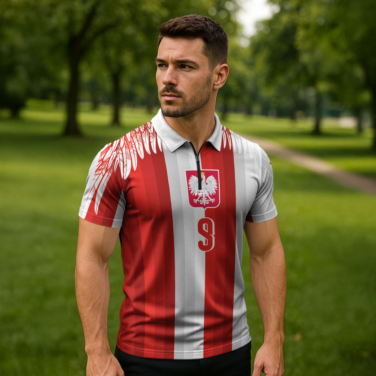 Poland Football Custom Zipper Polo Shirt The White-Reds Winged Sport Style