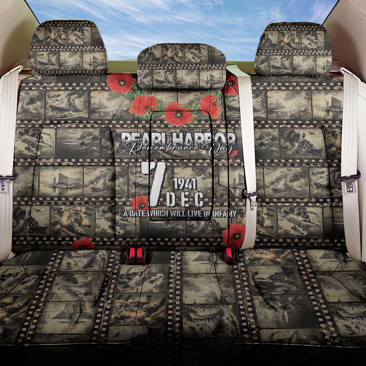 Pearl Harbor Remembrance Day Back Car Seat Cover Memories of December 7 with Red Poppy Lei - Wonder Print Shop