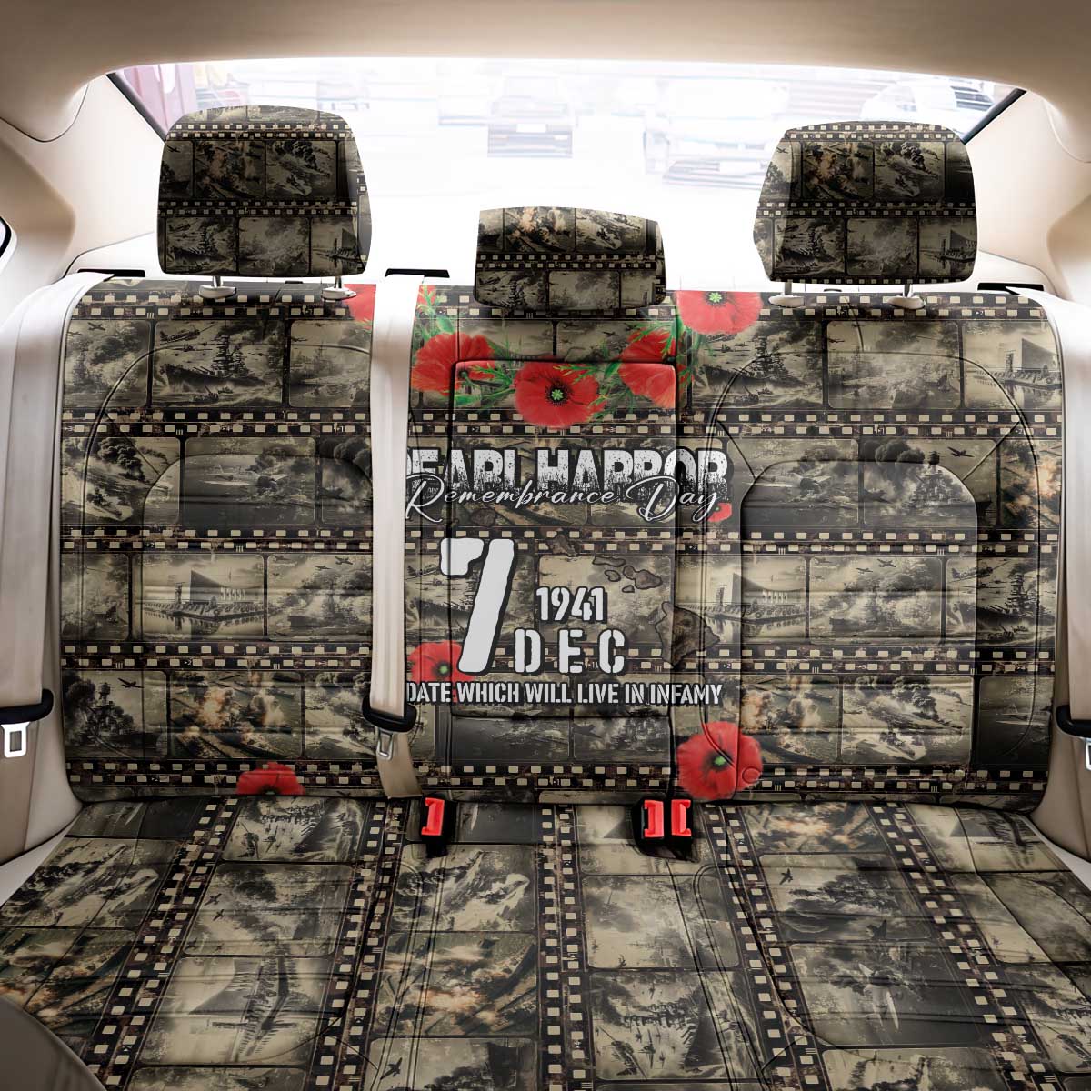 Pearl Harbor Remembrance Day Back Car Seat Cover Memories of December 7 with Red Poppy Lei - Wonder Print Shop