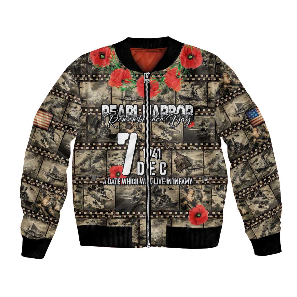 Pearl Harbor Remembrance Day Personalized Bomber Jacket Memories of December 7 with Red Poppy Lei - Wonder Print Shop