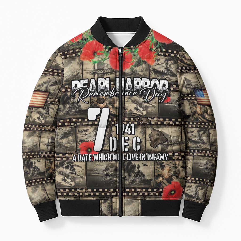 Pearl Harbor Remembrance Day Personalized Bomber Puffer Jacket Memories of December 7 with Red Poppy Lei - Wonder Print Shop