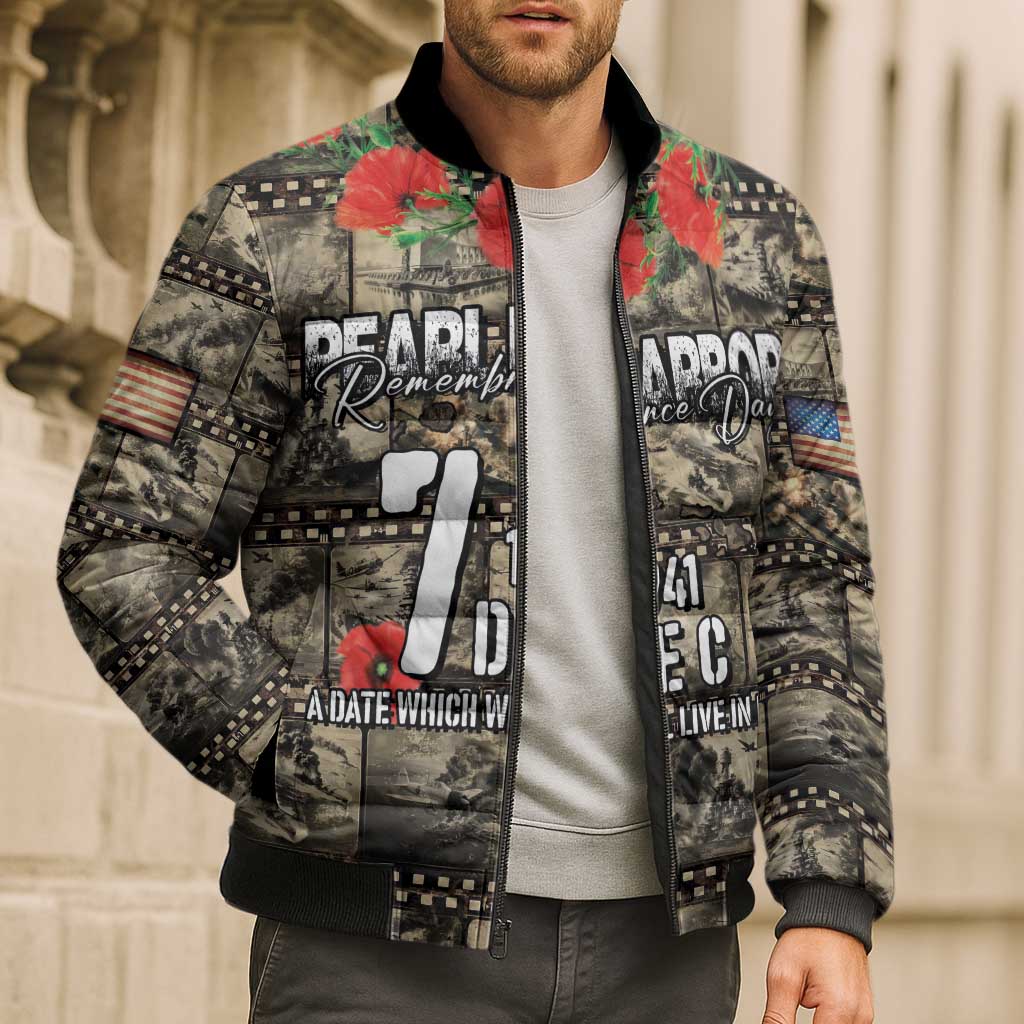 Pearl Harbor Remembrance Day Personalized Bomber Puffer Jacket Memories of December 7 with Red Poppy Lei - Wonder Print Shop