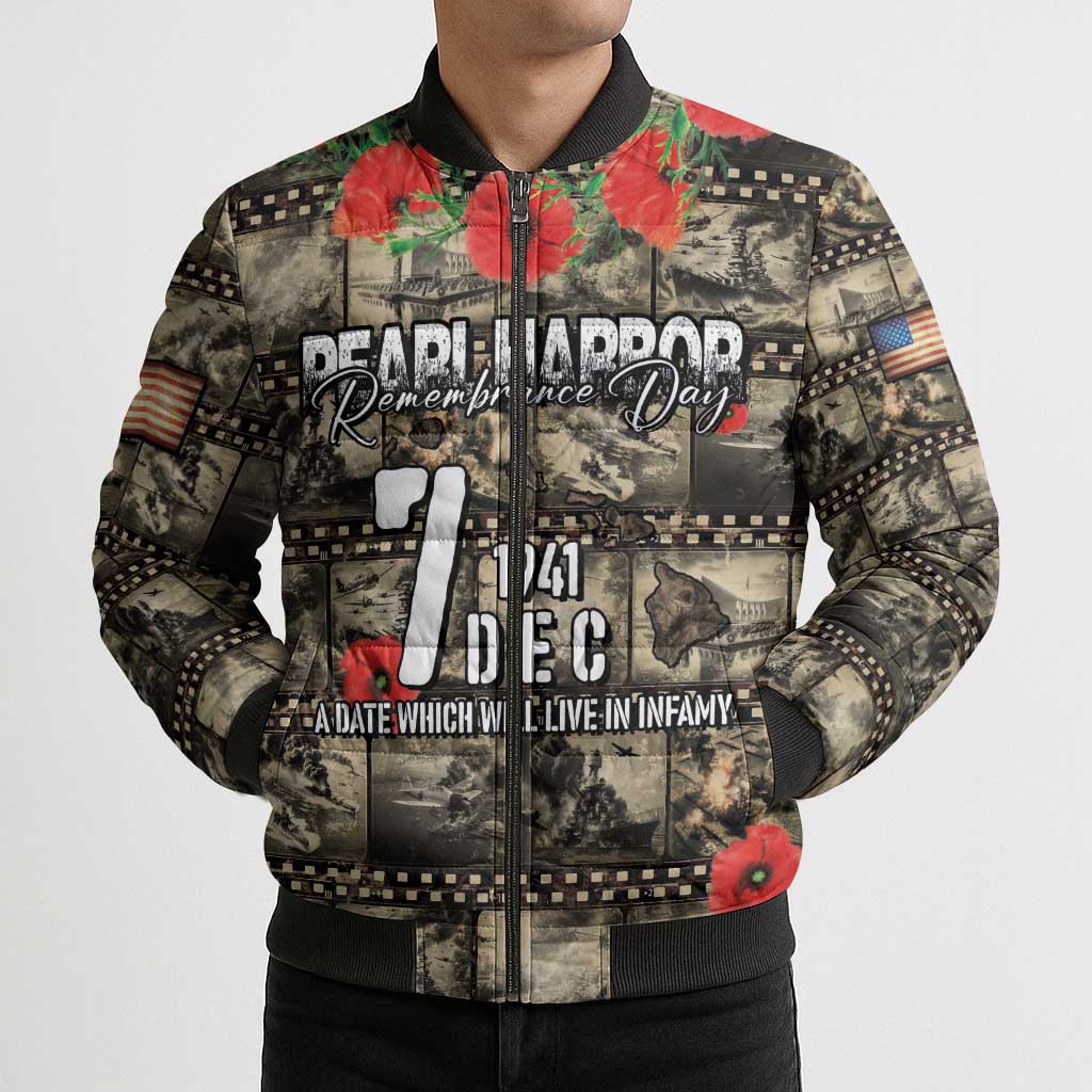 Pearl Harbor Remembrance Day Personalized Bomber Puffer Jacket Memories of December 7 with Red Poppy Lei - Wonder Print Shop