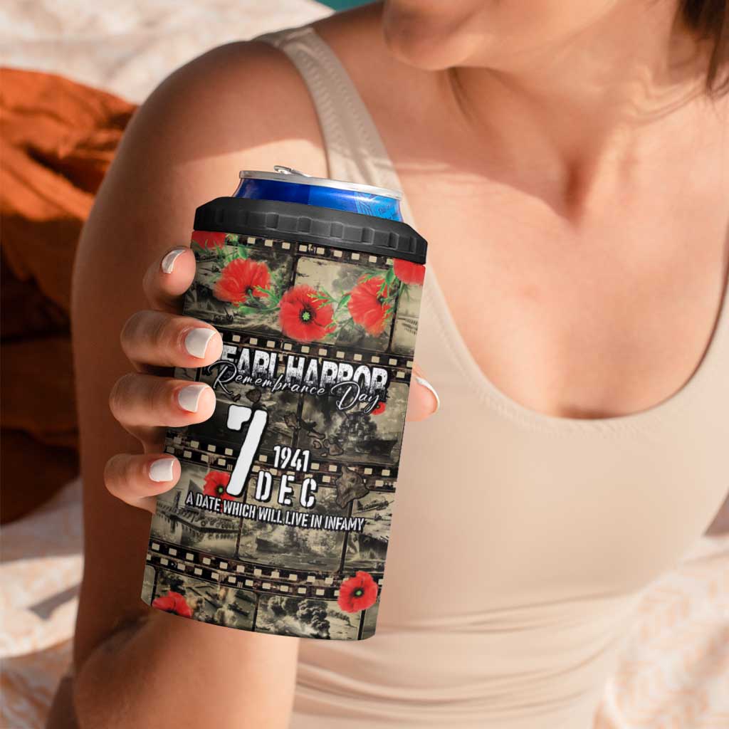 Pearl Harbor Remembrance Day Personalized 4 in 1 Can Cooler Tumbler Memories of December 7 with Red Poppy Lei - Wonder Print Shop