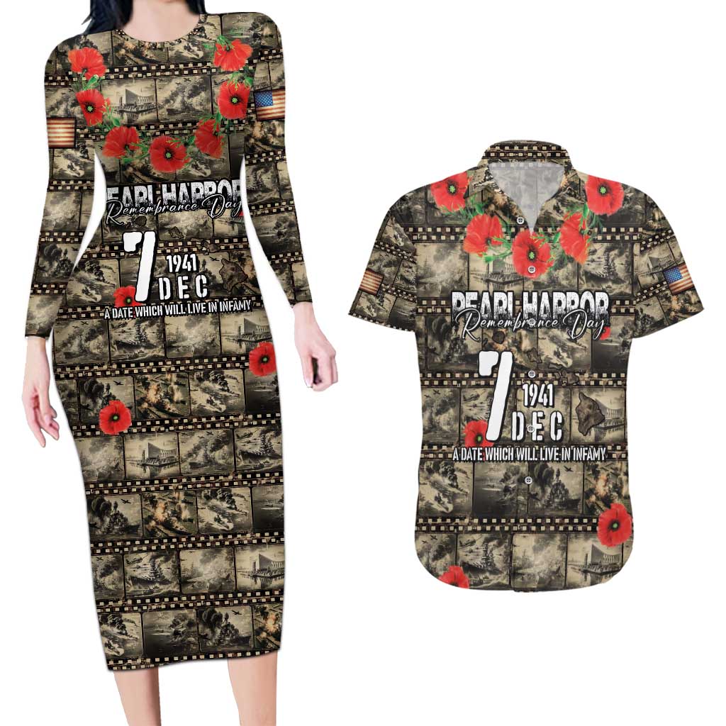 Pearl Harbor Remembrance Day Personalized Couples Matching Long Sleeve Bodycon Dress and Hawaiian Shirt Memories of December 7 with Red Poppy Lei - Wonder Print Shop