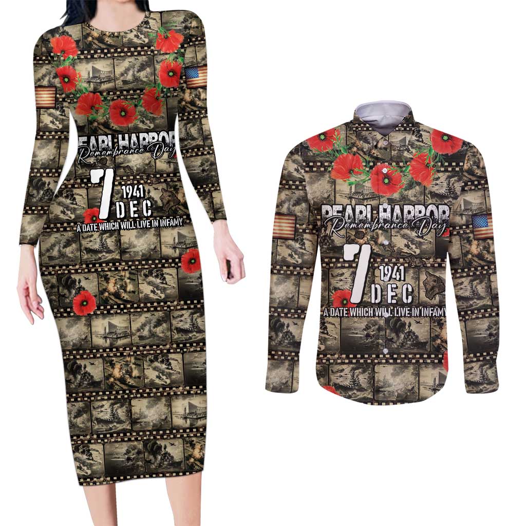 Pearl Harbor Remembrance Day Personalized Couples Matching Long Sleeve Bodycon Dress and Long Sleeve Button Shirt Memories of December 7 with Red Poppy Lei - Wonder Print Shop