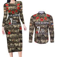 Pearl Harbor Remembrance Day Personalized Couples Matching Long Sleeve Bodycon Dress and Long Sleeve Button Shirt Memories of December 7 with Red Poppy Lei - Wonder Print Shop