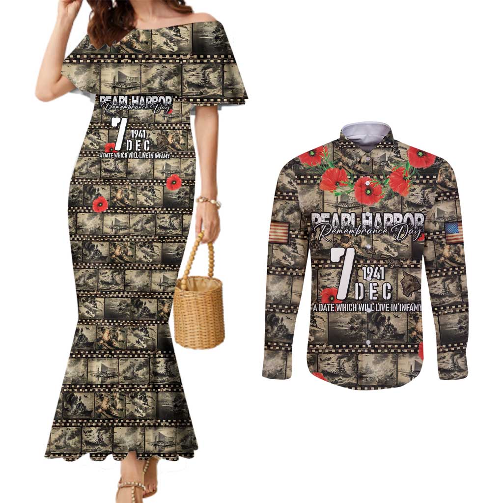 Pearl Harbor Remembrance Day Personalized Couples Matching Mermaid Dress and Long Sleeve Button Shirt Memories of December 7 with Red Poppy Lei - Wonder Print Shop