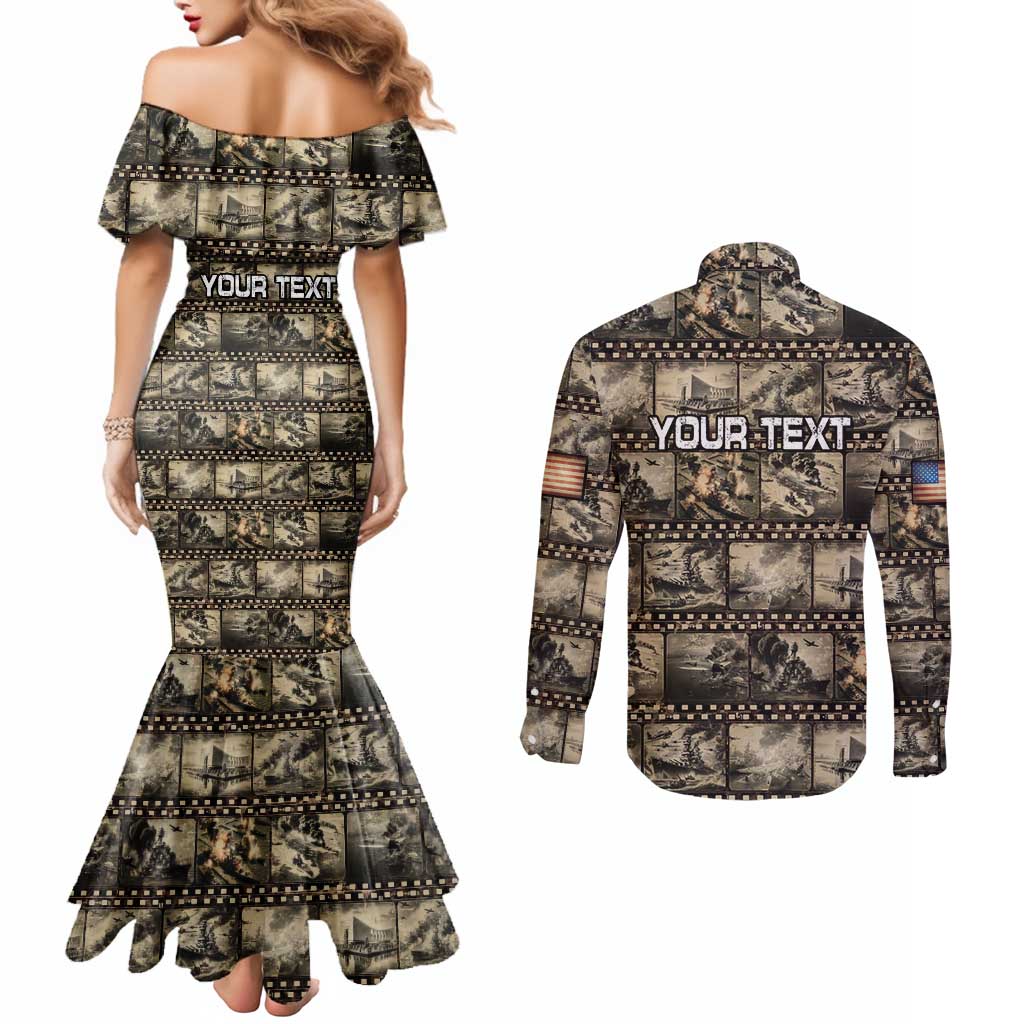 Pearl Harbor Remembrance Day Personalized Couples Matching Mermaid Dress and Long Sleeve Button Shirt Memories of December 7 with Red Poppy Lei - Wonder Print Shop