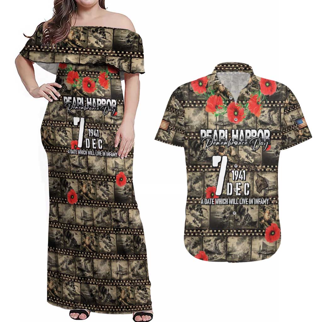 Pearl Harbor Remembrance Day Personalized Couples Matching Off Shoulder Maxi Dress and Hawaiian Shirt Memories of December 7 with Red Poppy Lei - Wonder Print Shop