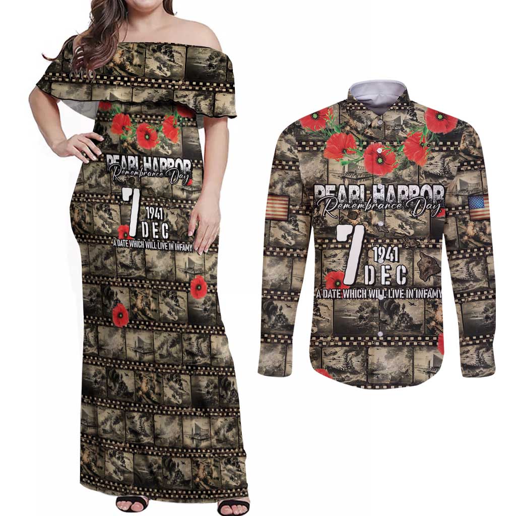 Pearl Harbor Remembrance Day Personalized Couples Matching Off Shoulder Maxi Dress and Long Sleeve Button Shirt Memories of December 7 with Red Poppy Lei - Wonder Print Shop