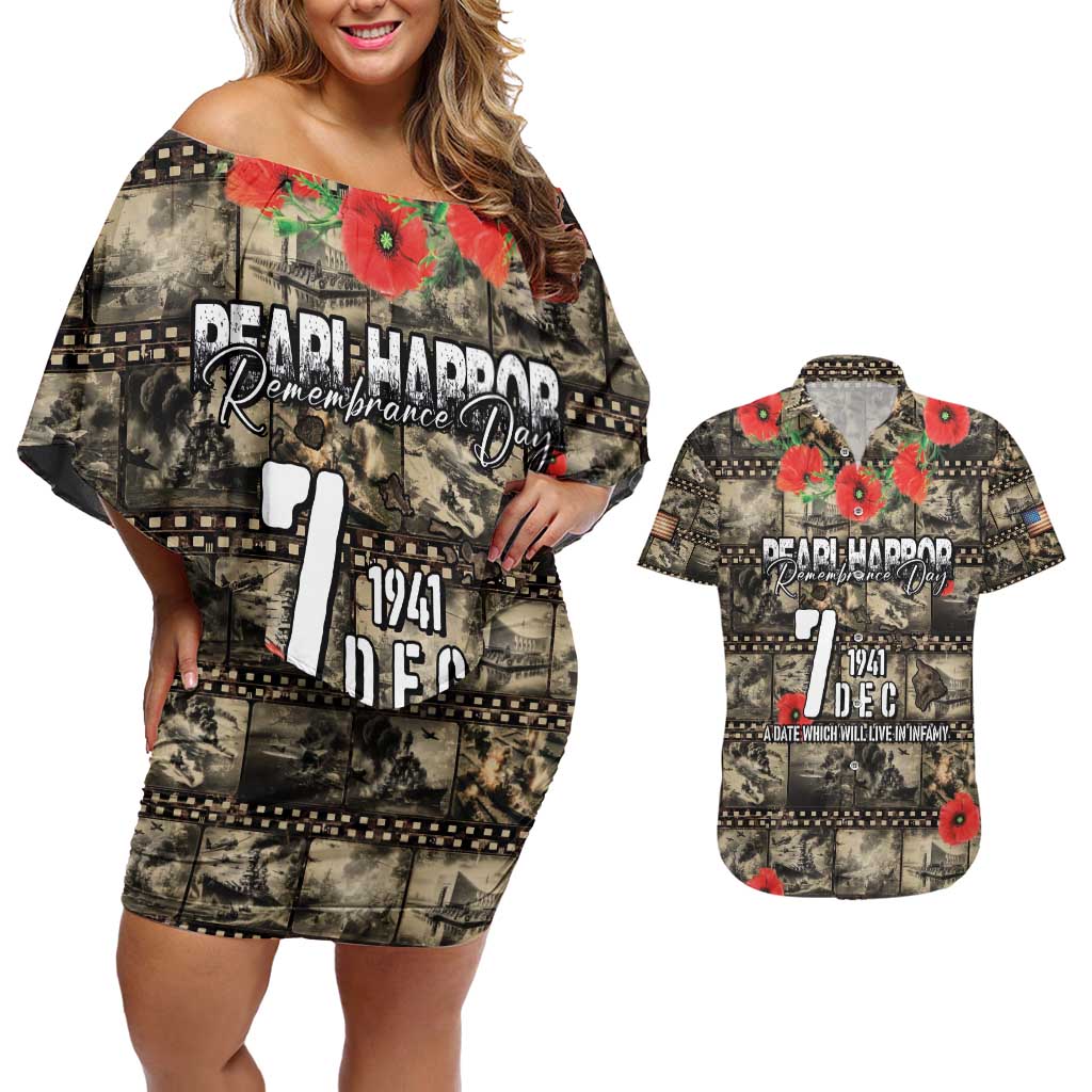 Pearl Harbor Remembrance Day Personalized Couples Matching Off Shoulder Short Dress and Hawaiian Shirt Memories of December 7 with Red Poppy Lei - Wonder Print Shop