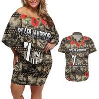 Pearl Harbor Remembrance Day Personalized Couples Matching Off Shoulder Short Dress and Hawaiian Shirt Memories of December 7 with Red Poppy Lei - Wonder Print Shop