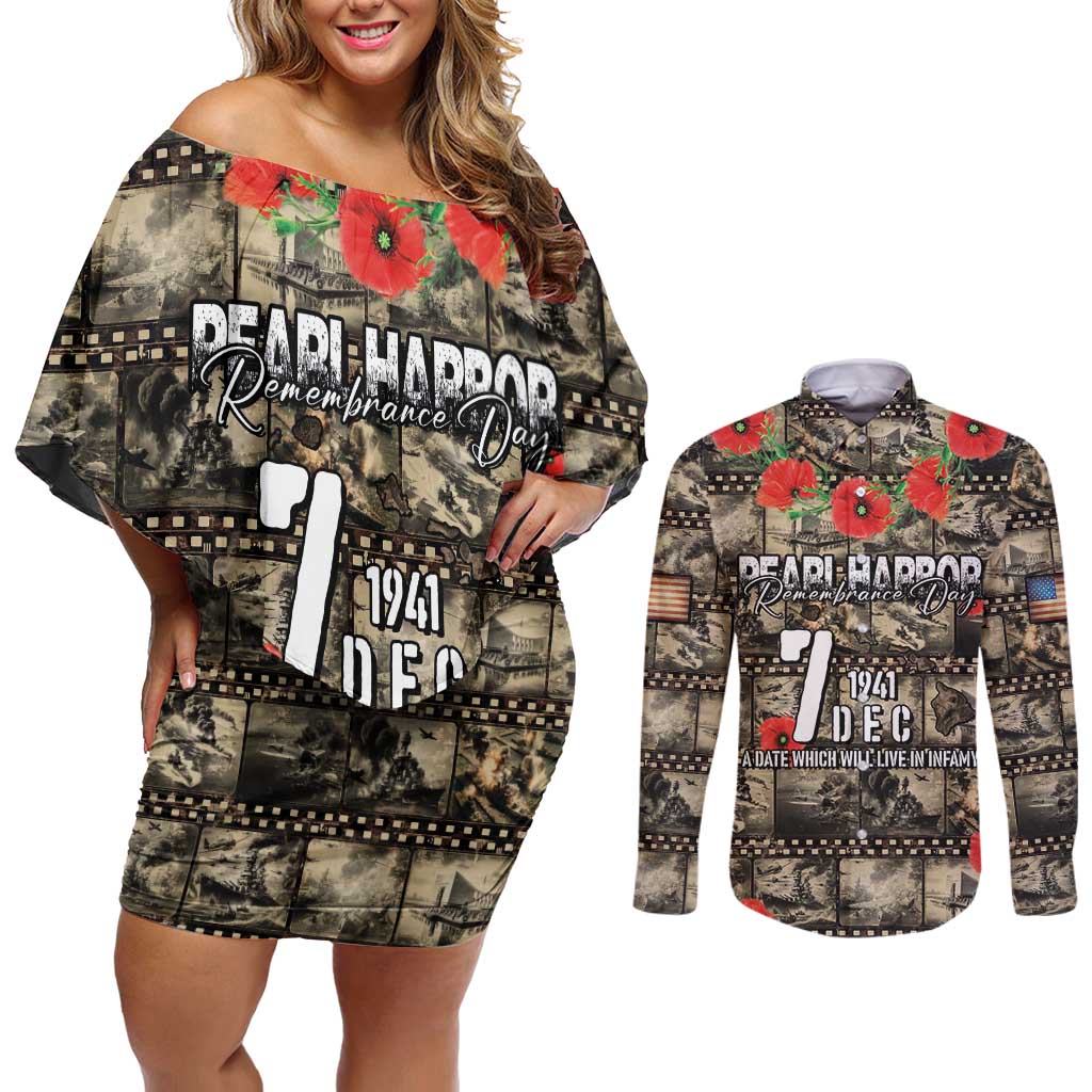 Pearl Harbor Remembrance Day Personalized Couples Matching Off Shoulder Short Dress and Long Sleeve Button Shirt Memories of December 7 with Red Poppy Lei - Wonder Print Shop