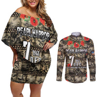 Pearl Harbor Remembrance Day Personalized Couples Matching Off Shoulder Short Dress and Long Sleeve Button Shirt Memories of December 7 with Red Poppy Lei - Wonder Print Shop
