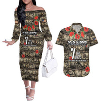 Pearl Harbor Remembrance Day Personalized Couples Matching Off The Shoulder Long Sleeve Dress and Hawaiian Shirt Memories of December 7 with Red Poppy Lei - Wonder Print Shop