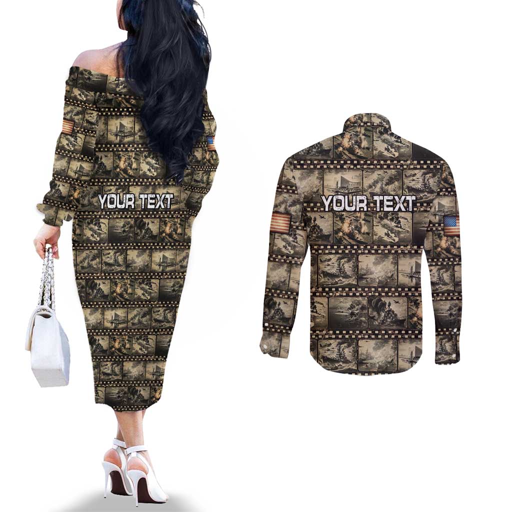 Pearl Harbor Remembrance Day Personalized Couples Matching Off The Shoulder Long Sleeve Dress and Long Sleeve Button Shirt Memories of December 7 with Red Poppy Lei - Wonder Print Shop