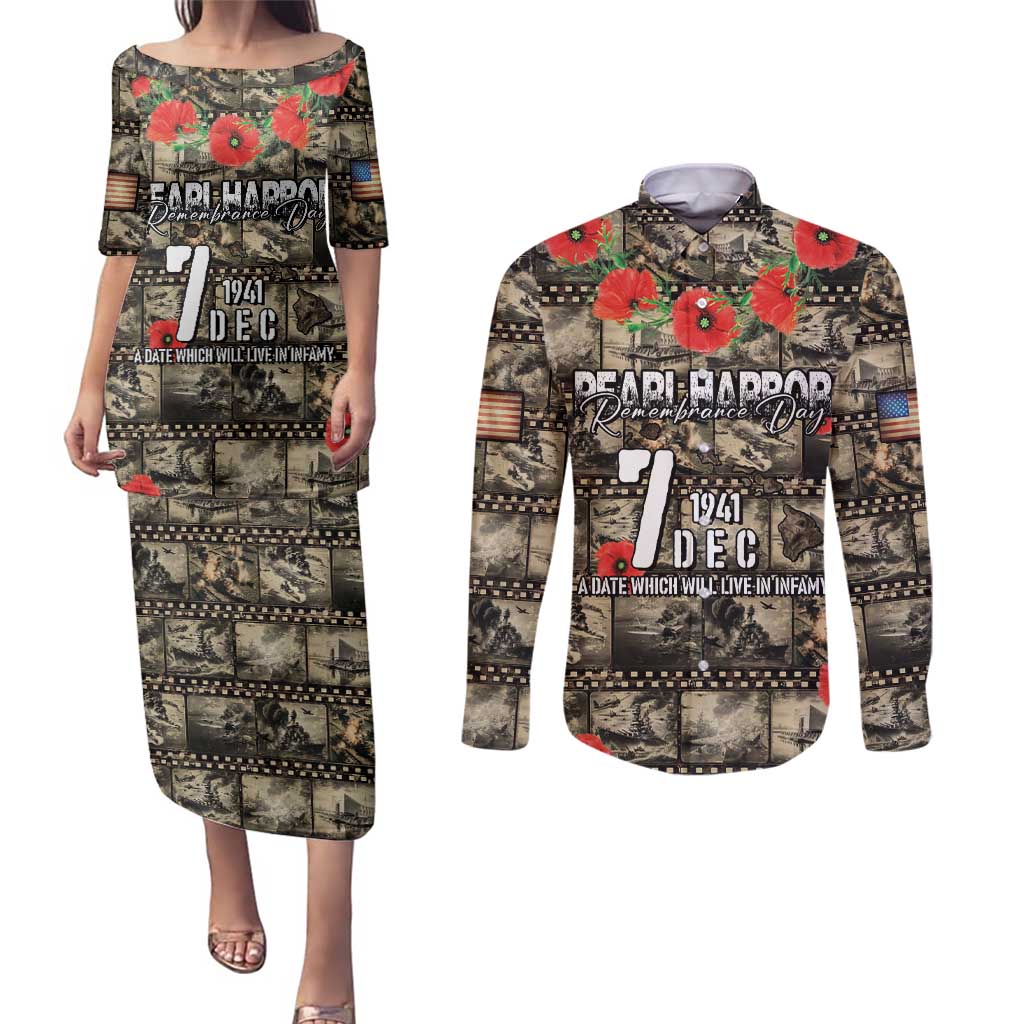 Pearl Harbor Remembrance Day Personalized Couples Matching Puletasi and Long Sleeve Button Shirt Memories of December 7 with Red Poppy Lei - Wonder Print Shop