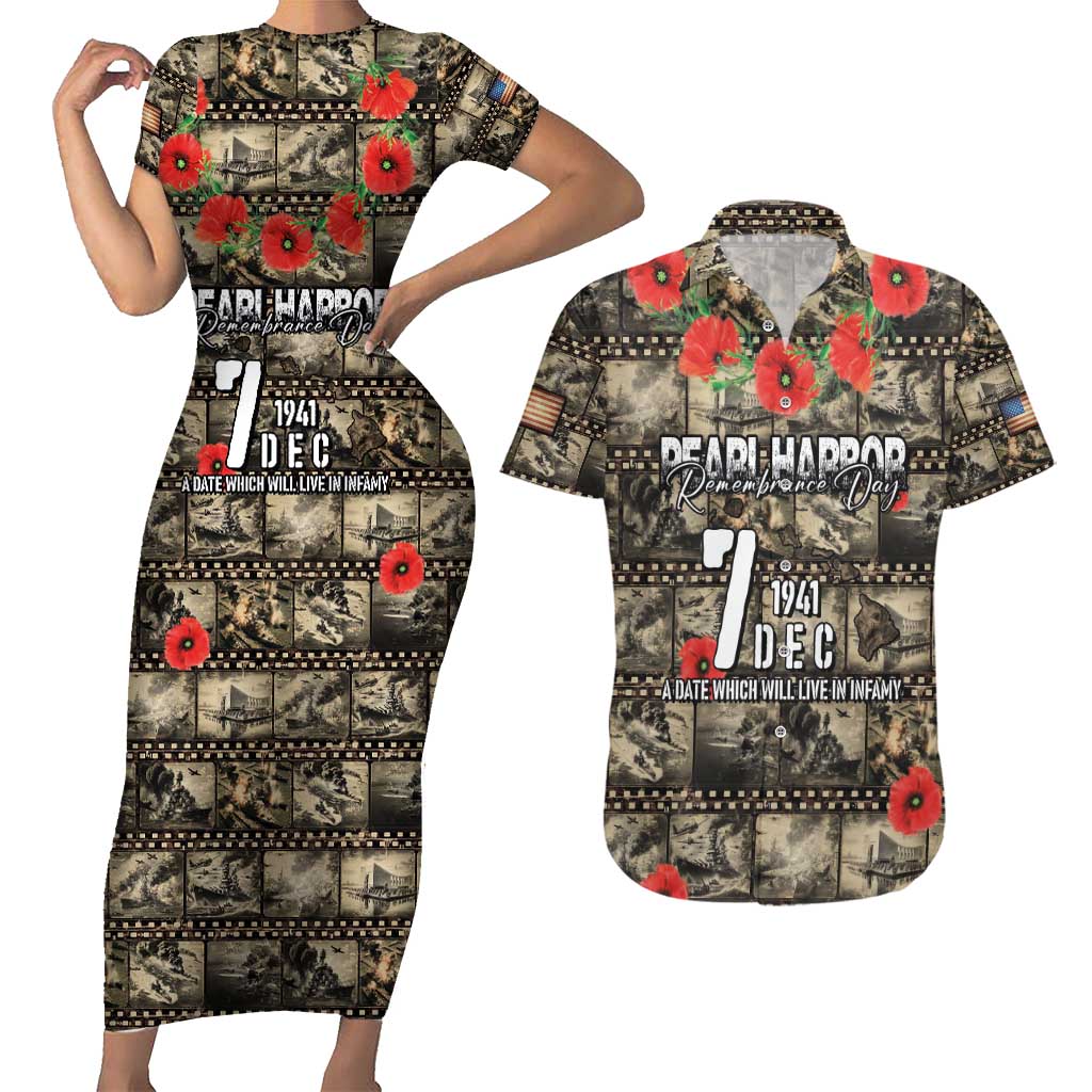 Pearl Harbor Remembrance Day Personalized Couples Matching Short Sleeve Bodycon Dress and Hawaiian Shirt Memories of December 7 with Red Poppy Lei - Wonder Print Shop