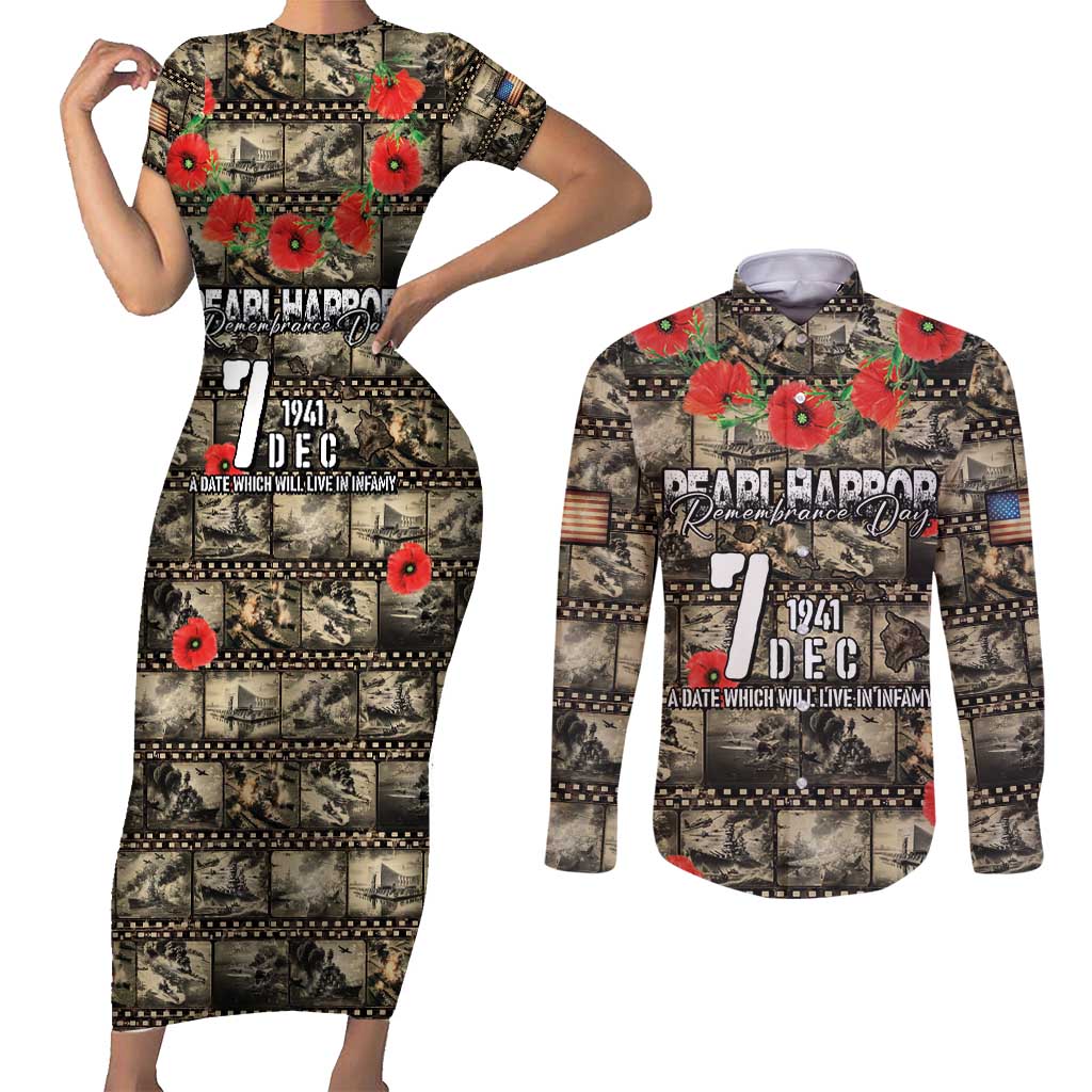 Pearl Harbor Remembrance Day Personalized Couples Matching Short Sleeve Bodycon Dress and Long Sleeve Button Shirt Memories of December 7 with Red Poppy Lei - Wonder Print Shop
