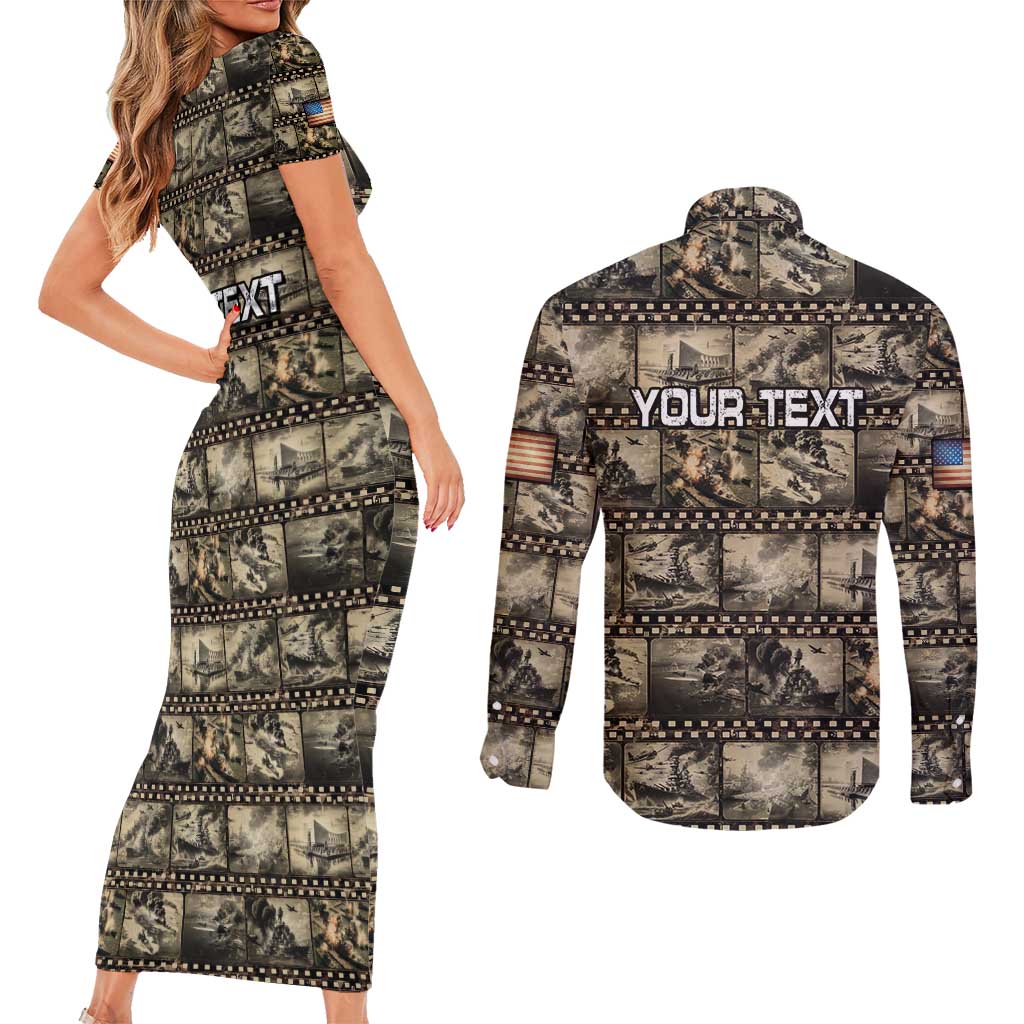 Pearl Harbor Remembrance Day Personalized Couples Matching Short Sleeve Bodycon Dress and Long Sleeve Button Shirt Memories of December 7 with Red Poppy Lei - Wonder Print Shop