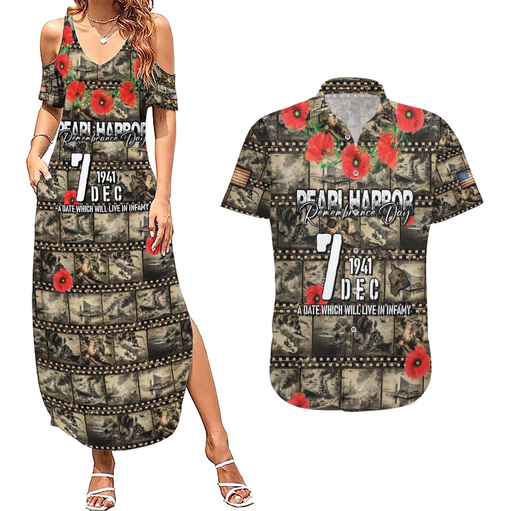 Pearl Harbor Remembrance Day Personalized Couples Matching Summer Maxi Dress and Hawaiian Shirt Memories of December 7 with Red Poppy Lei - Wonder Print Shop