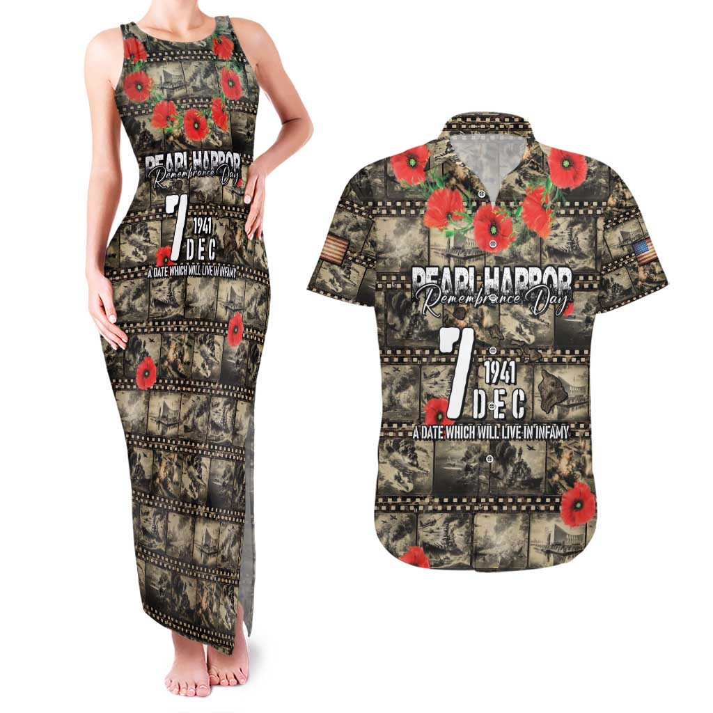 Pearl Harbor Remembrance Day Personalized Couples Matching Tank Maxi Dress and Hawaiian Shirt Memories of December 7 with Red Poppy Lei - Wonder Print Shop