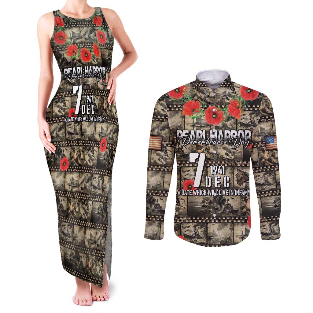 Pearl Harbor Remembrance Day Personalized Couples Matching Tank Maxi Dress and Long Sleeve Button Shirt Memories of December 7 with Red Poppy Lei - Wonder Print Shop