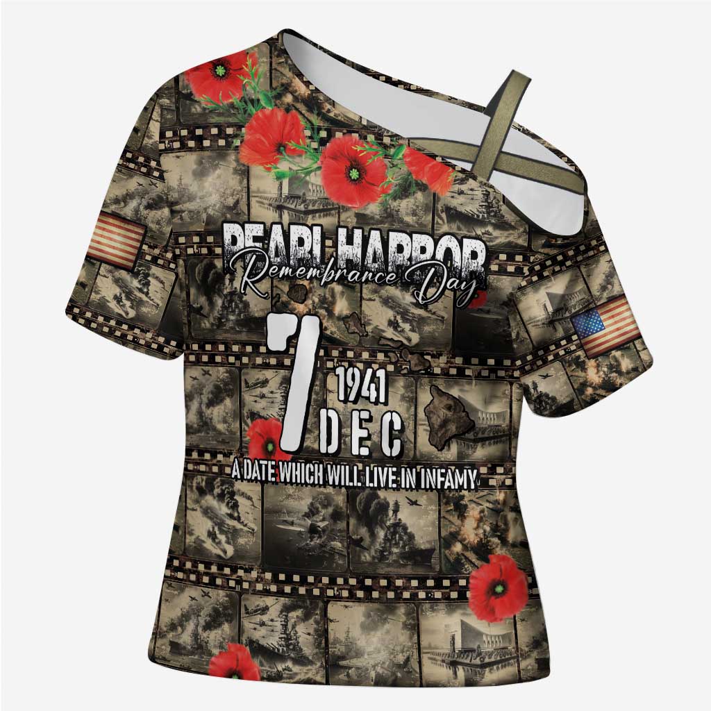 Pearl Harbor Remembrance Day Personalized Cross Shoulder Shirt Memories of December 7 with Red Poppy Lei - Wonder Print Shop