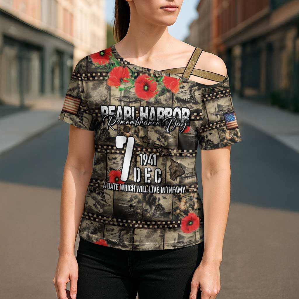 Pearl Harbor Remembrance Day Personalized Cross Shoulder Shirt Memories of December 7 with Red Poppy Lei - Wonder Print Shop