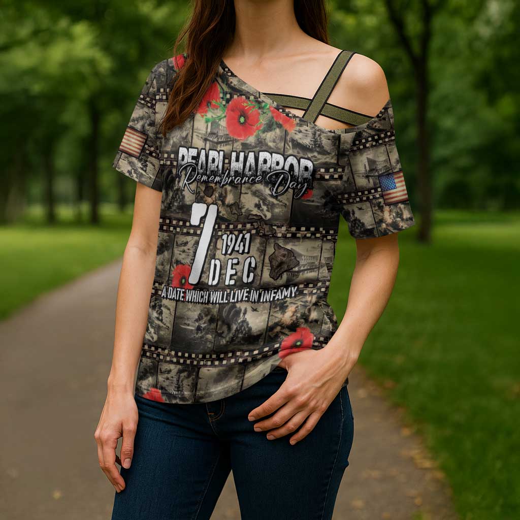 Pearl Harbor Remembrance Day Personalized Cross Shoulder Shirt Memories of December 7 with Red Poppy Lei - Wonder Print Shop