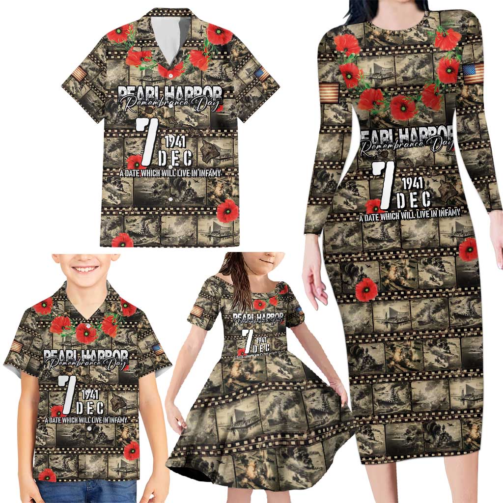 Pearl Harbor Remembrance Day Personalized Family Matching Long Sleeve Bodycon Dress and Hawaiian Shirt Memories of December 7 with Red Poppy Lei - Wonder Print Shop
