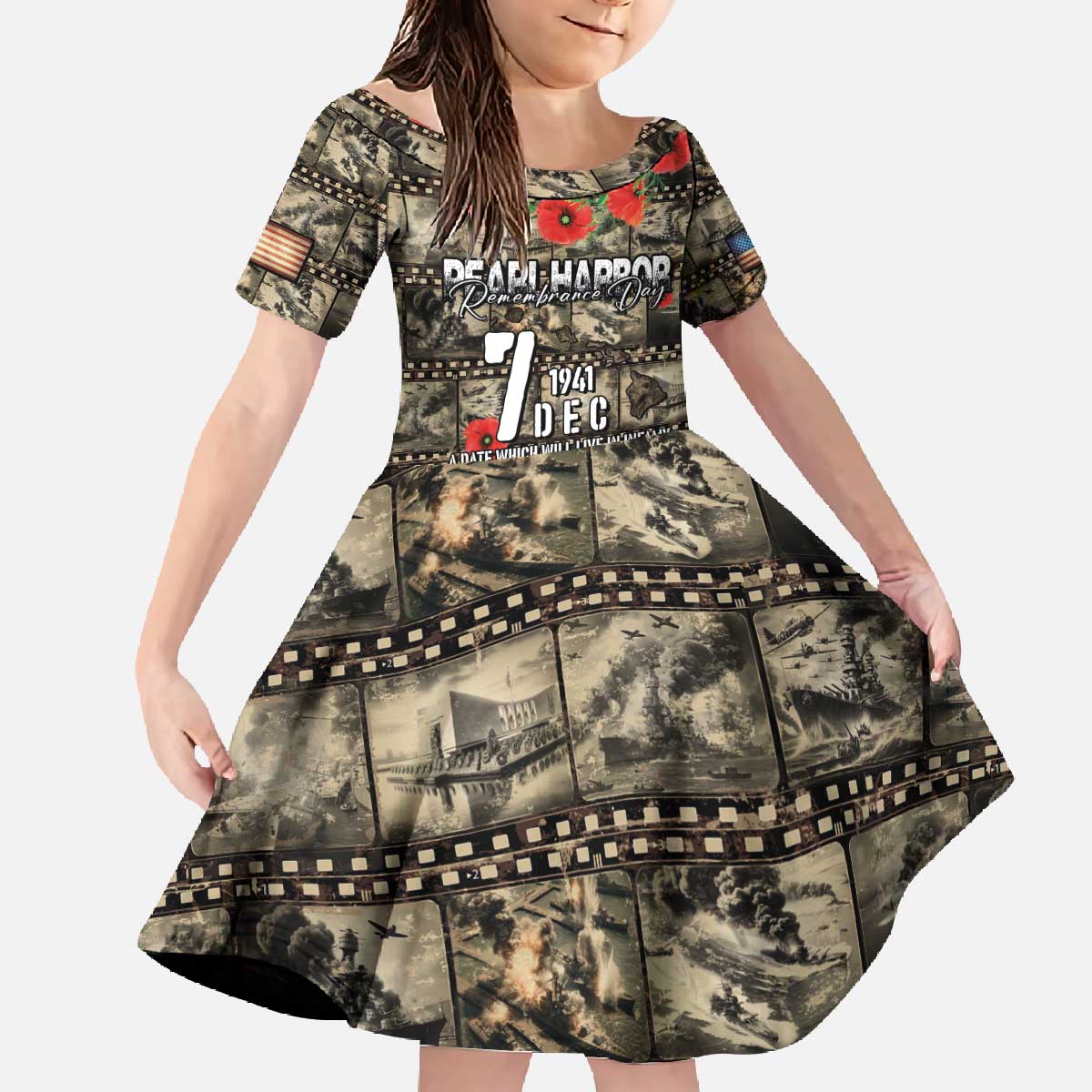 Pearl Harbor Remembrance Day Personalized Family Matching Off The Shoulder Long Sleeve Dress and Hawaiian Shirt Memories of December 7 with Red Poppy Lei - Wonder Print Shop