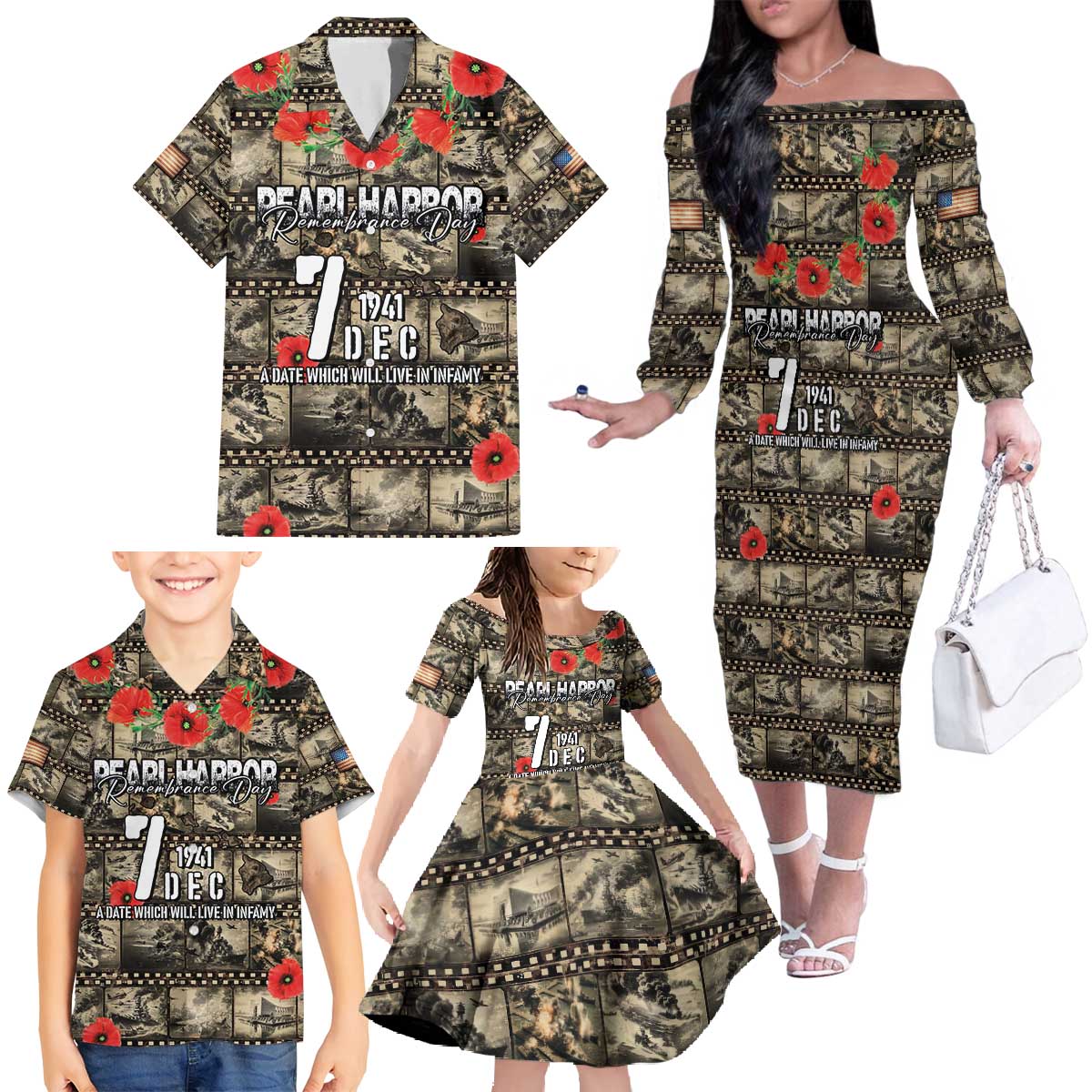 Pearl Harbor Remembrance Day Personalized Family Matching Off The Shoulder Long Sleeve Dress and Hawaiian Shirt Memories of December 7 with Red Poppy Lei - Wonder Print Shop