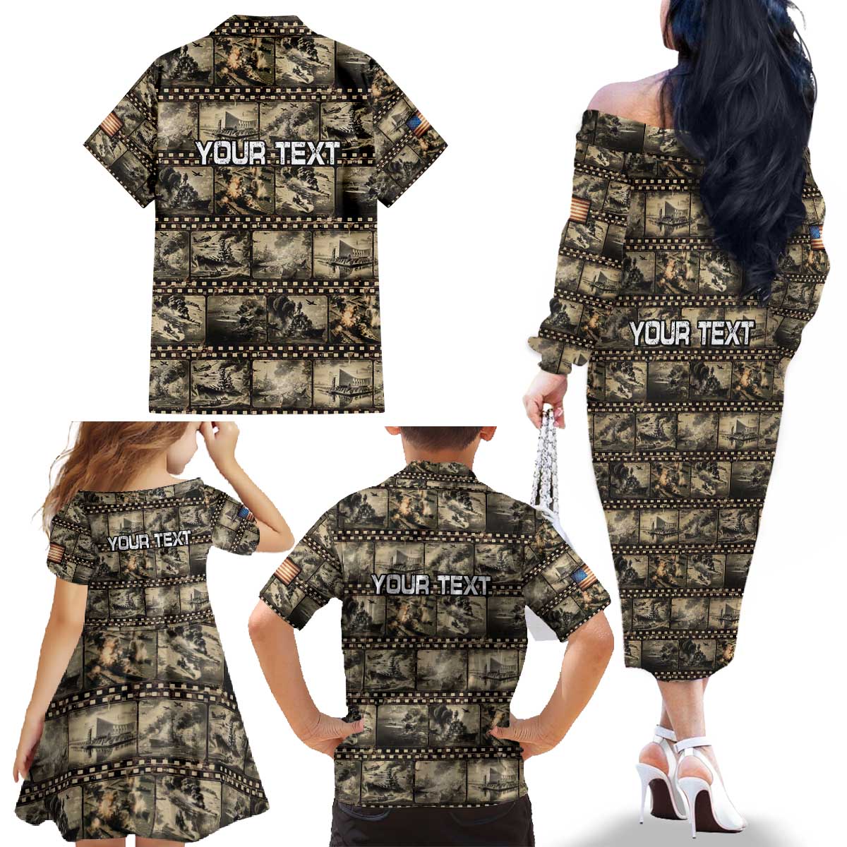 Pearl Harbor Remembrance Day Personalized Family Matching Off The Shoulder Long Sleeve Dress and Hawaiian Shirt Memories of December 7 with Red Poppy Lei - Wonder Print Shop