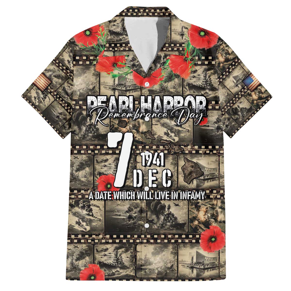 Pearl Harbor Remembrance Day Personalized Family Matching Off The Shoulder Long Sleeve Dress and Hawaiian Shirt Memories of December 7 with Red Poppy Lei - Wonder Print Shop