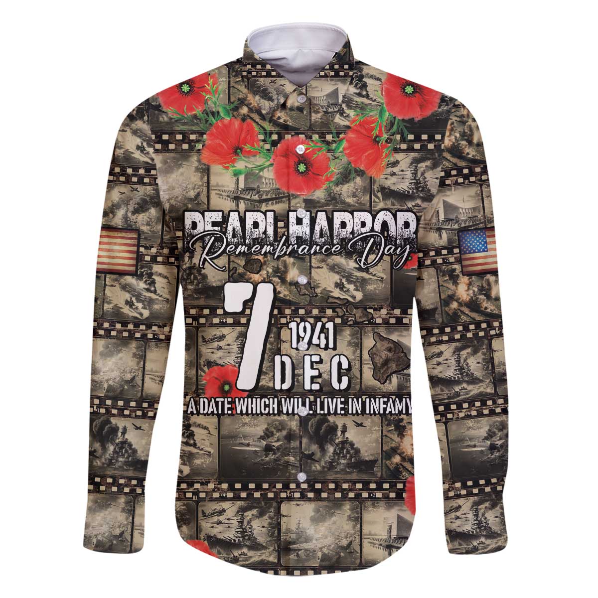 Pearl Harbor Remembrance Day Personalized Family Matching Off The Shoulder Long Sleeve Dress and Hawaiian Shirt Memories of December 7 with Red Poppy Lei - Wonder Print Shop