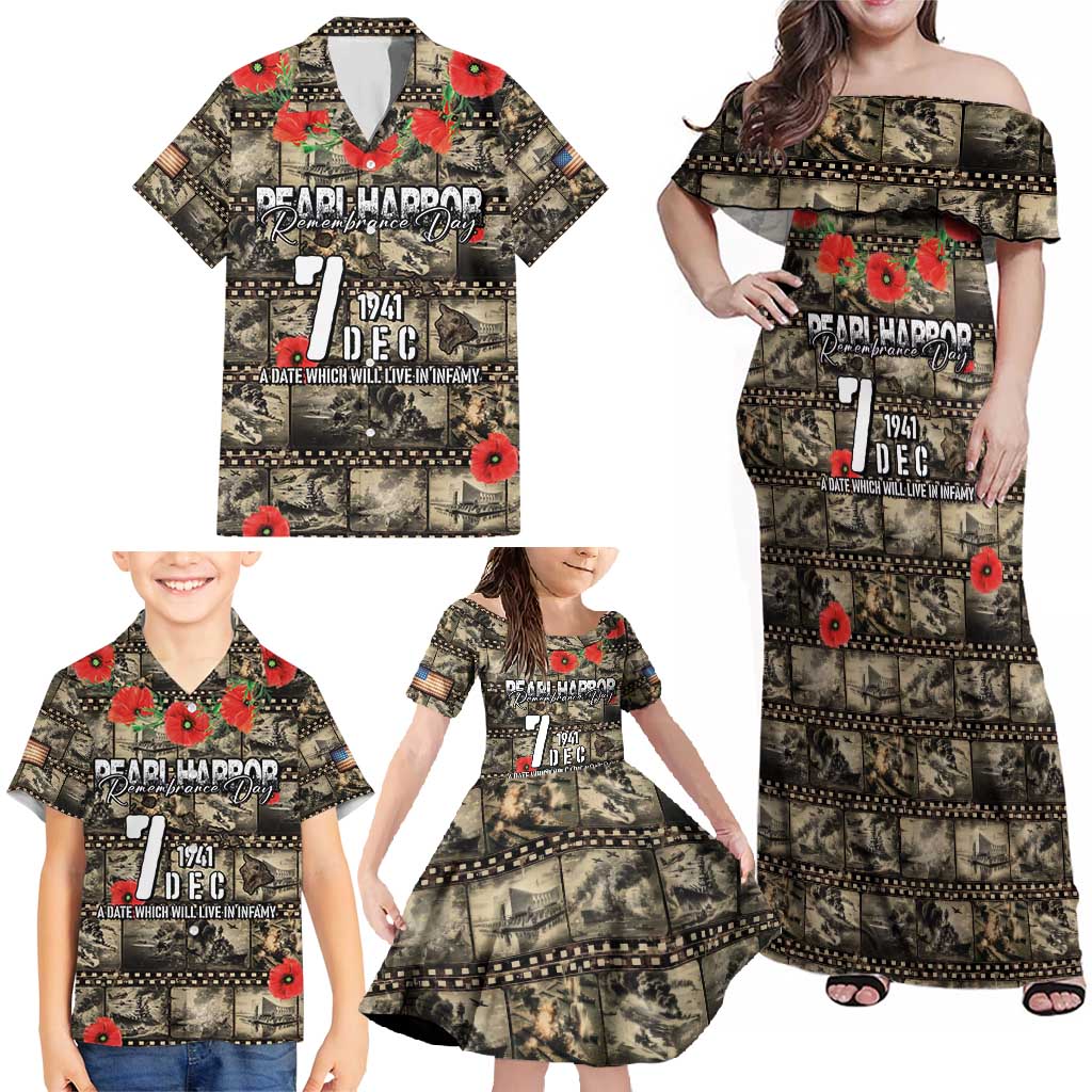 Pearl Harbor Remembrance Day Personalized Family Matching Off Shoulder Maxi Dress and Hawaiian Shirt Memories of December 7 with Red Poppy Lei - Wonder Print Shop