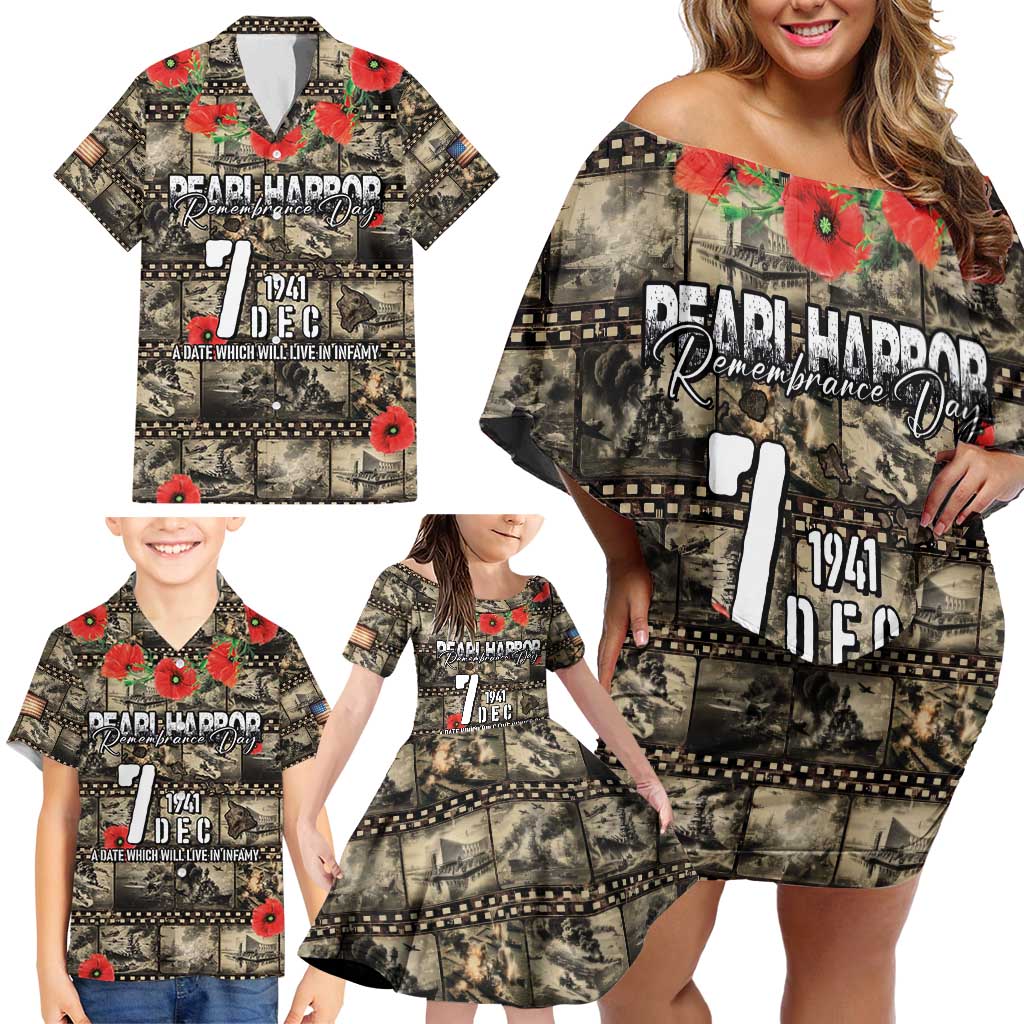 Pearl Harbor Remembrance Day Personalized Family Matching Off Shoulder Short Dress and Hawaiian Shirt Memories of December 7 with Red Poppy Lei - Wonder Print Shop