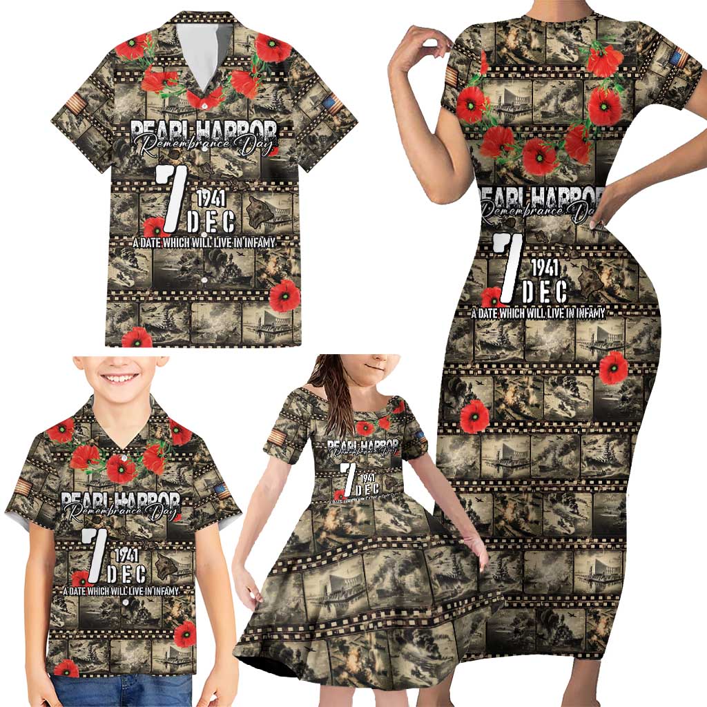 Pearl Harbor Remembrance Day Personalized Family Matching Short Sleeve Bodycon Dress and Hawaiian Shirt Memories of December 7 with Red Poppy Lei - Wonder Print Shop