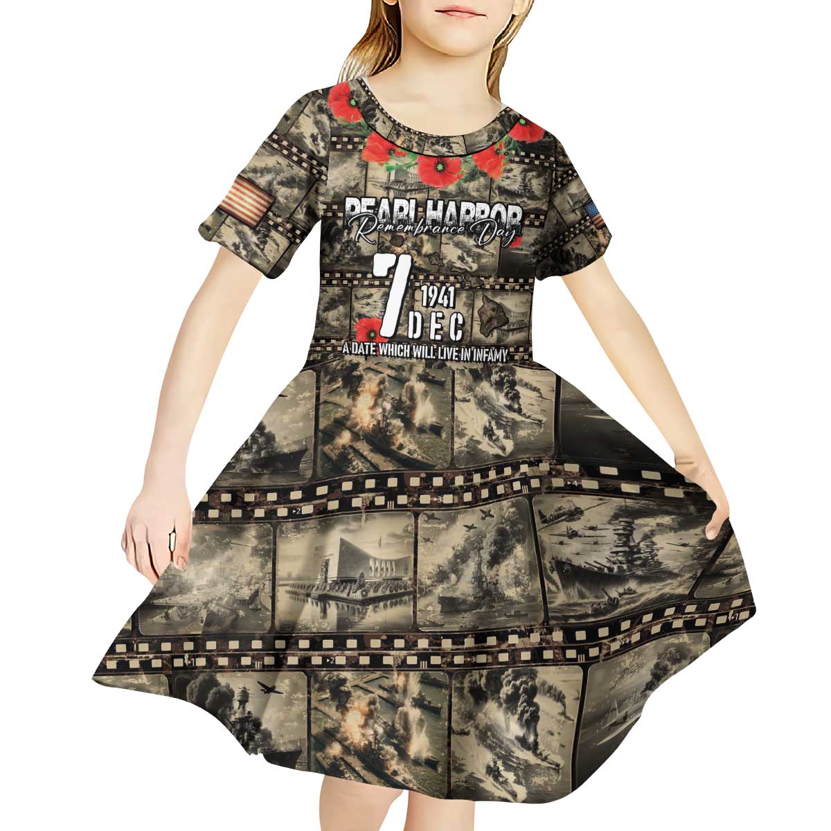 Pearl Harbor Remembrance Day Personalized Kid Short Sleeve Dress Memories of December 7 with Red Poppy Lei - Wonder Print Shop